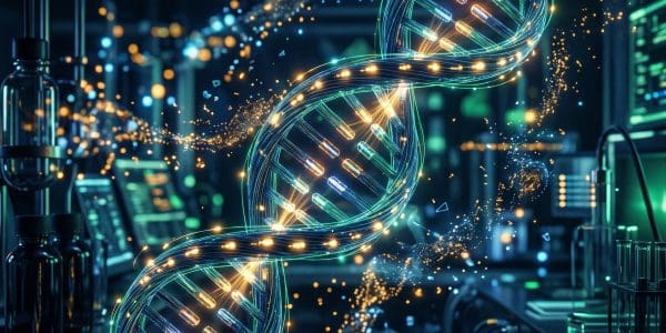 Glowing DNA double helix spiralling above lab apparatus