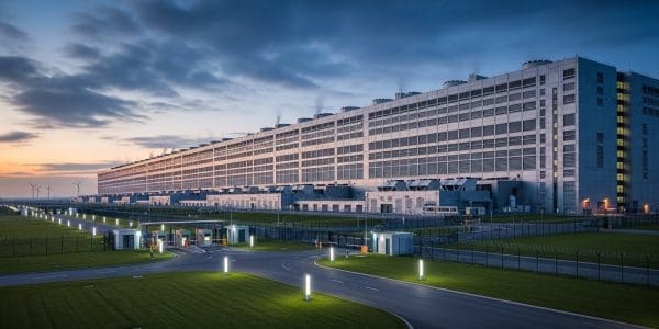 A vast illuminated data center facility at twilight with wind turbines on the horizon