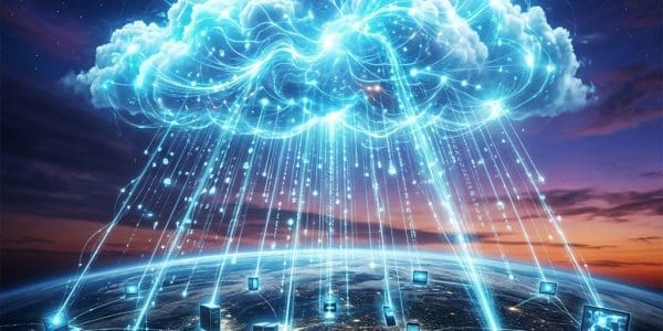 Streams of data falling from a cloud into devices below