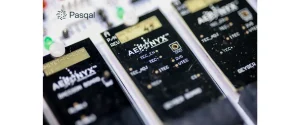 Three black circuit boards with various connectors are displayed against a dark background, with a Pasqal logo in the upper left corner.