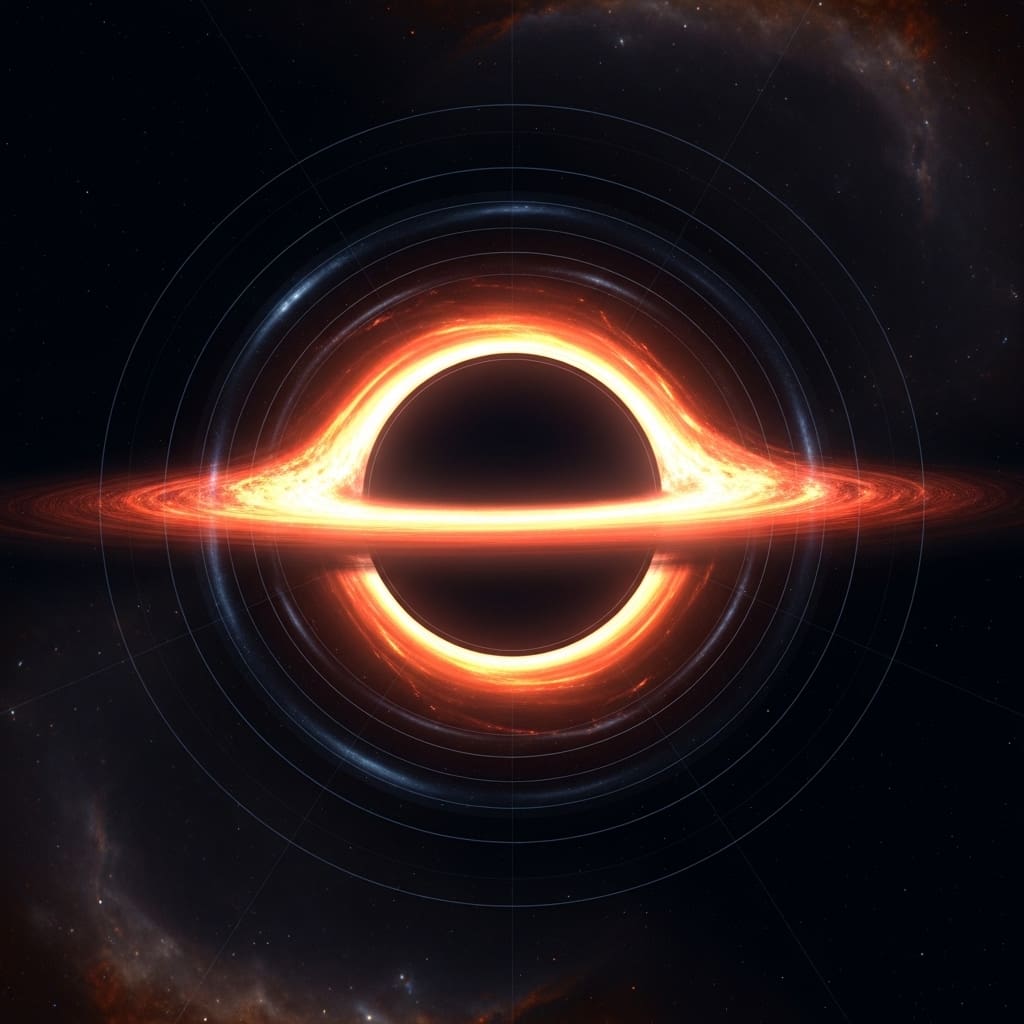 Dark rotating black hole suspended in deep black space, luminous accretion ring glowing symmetrically around it, subtle spacetime grid lines curving smoothly yet remaining consistent across the scene,