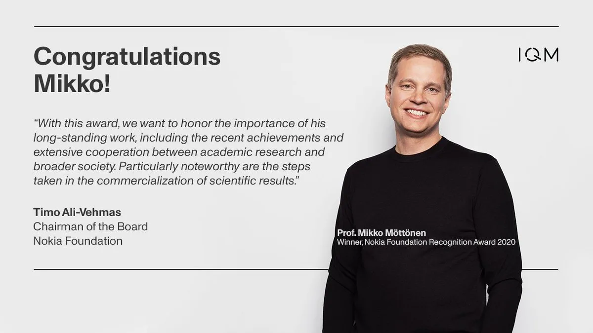 Mikko Möttönen receives Nokia Foundation award for research in quantum computing