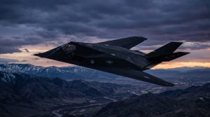 A dark F-22 Raptor fighter jet flies through a dramatic sky above rugged mountain ranges at sunset.
