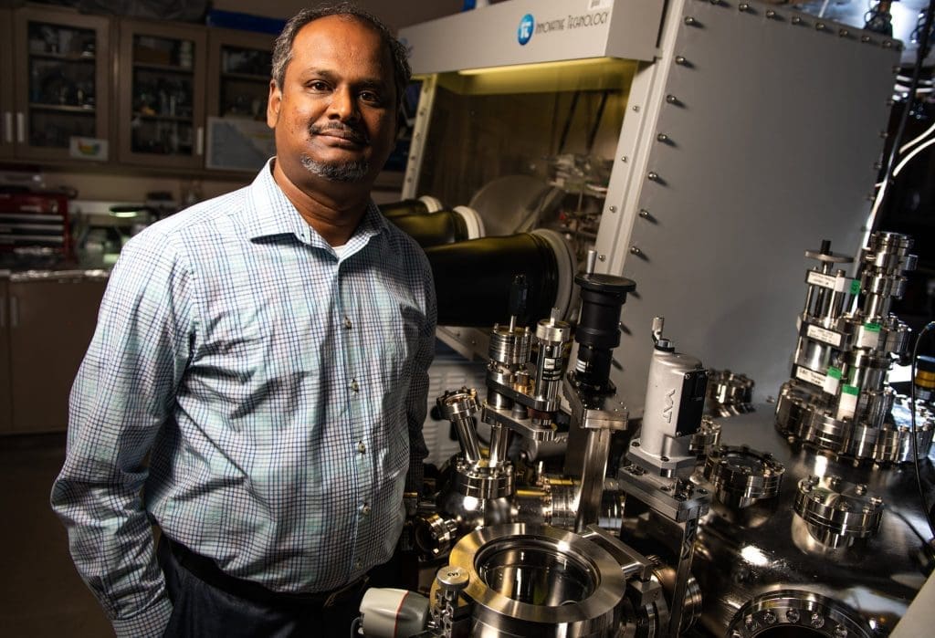 Materials scientist Vijay Murugesan and his team are studying new battery electrolyte materials identified through a collaboration with Microsoft. (Photo by Andrea Starr | Pacific Northwest National Laboratory)