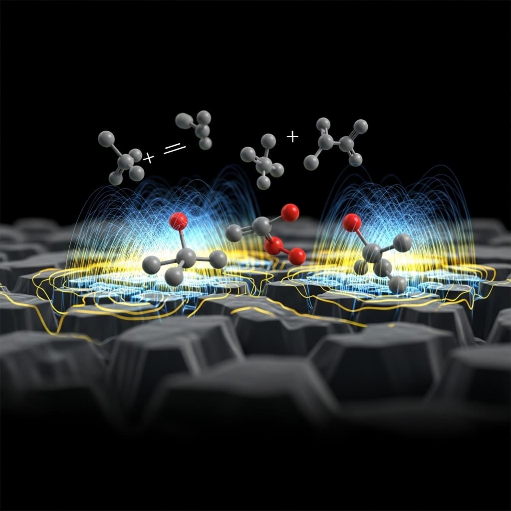 Abstract illustration of multiple molecule or atom models with interconnected spheres and bonds hovering above a bright glowing ground plane, rendered in blue and white light against a dark background