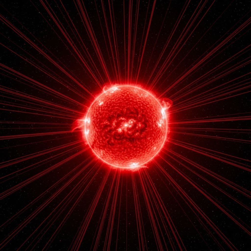 Bright red glowing sphere emitting radial beams of light in all directions, resembling a starburst or energetic plasma source.