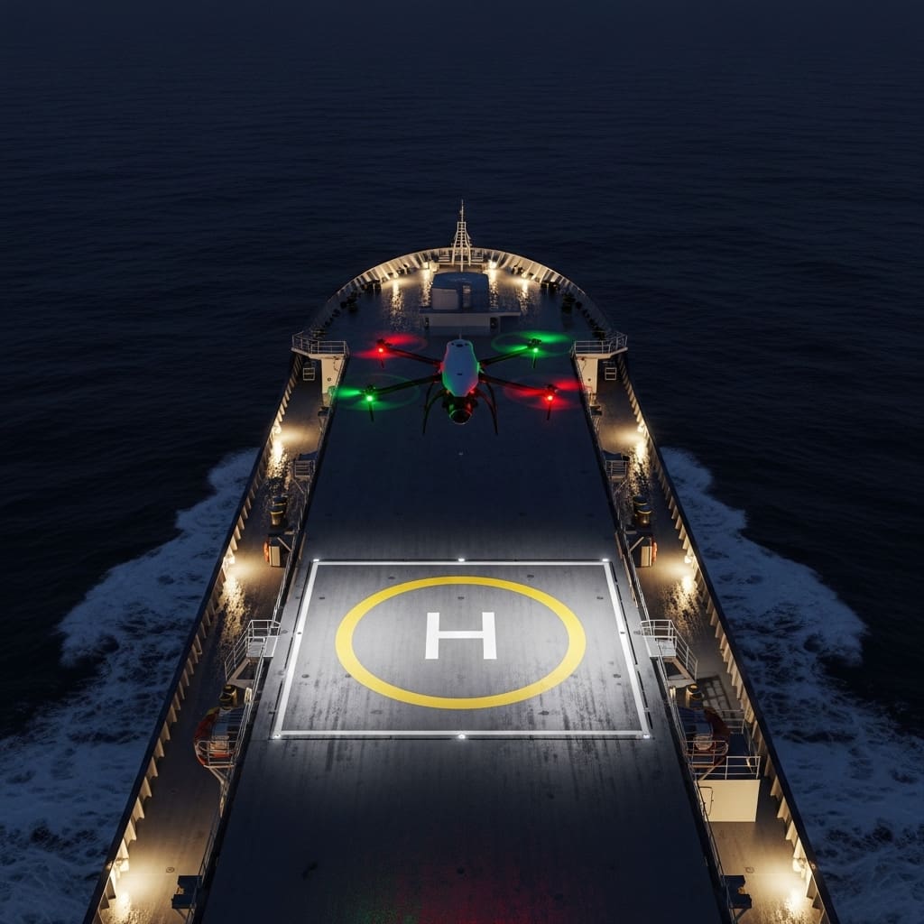 Drone with red and green navigation lights hovering above a helipad marked ‘H’ on the deck of a ship at sea during nighttime.