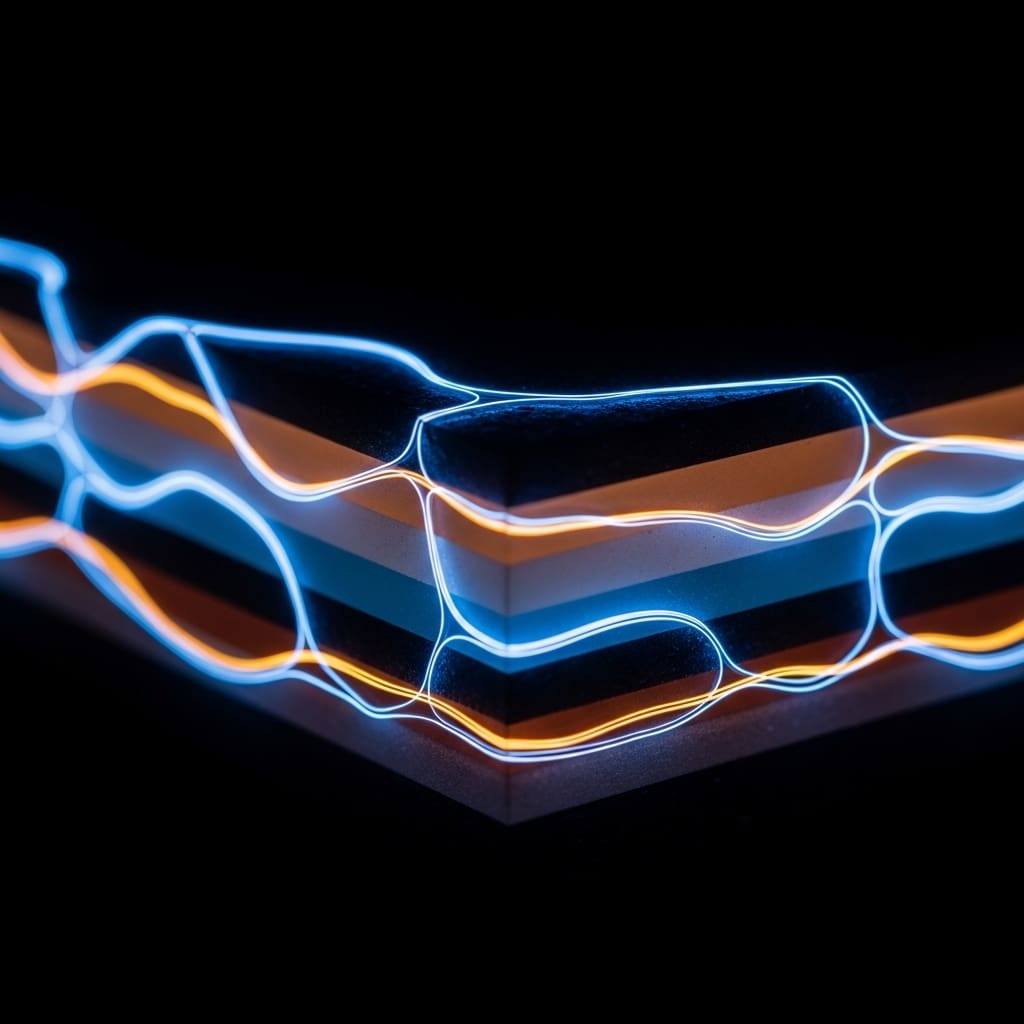 Layered semiconductor structure with glowing blue and orange current paths flowing across interfaces, illustrating electronic band structure and quantum transport effects.