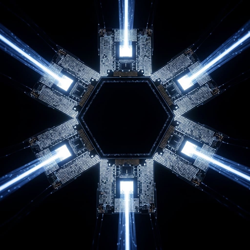 Futuristic hexagonal hub surrounded by six illuminated circuit boards radiating outward symmetrically, with bright blue data streams converging at the center.