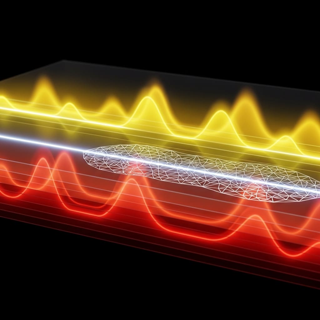 Layered red and yellow waveform-like bands flowing horizontally, resembling thermal or energy spectrum lines against a dark background