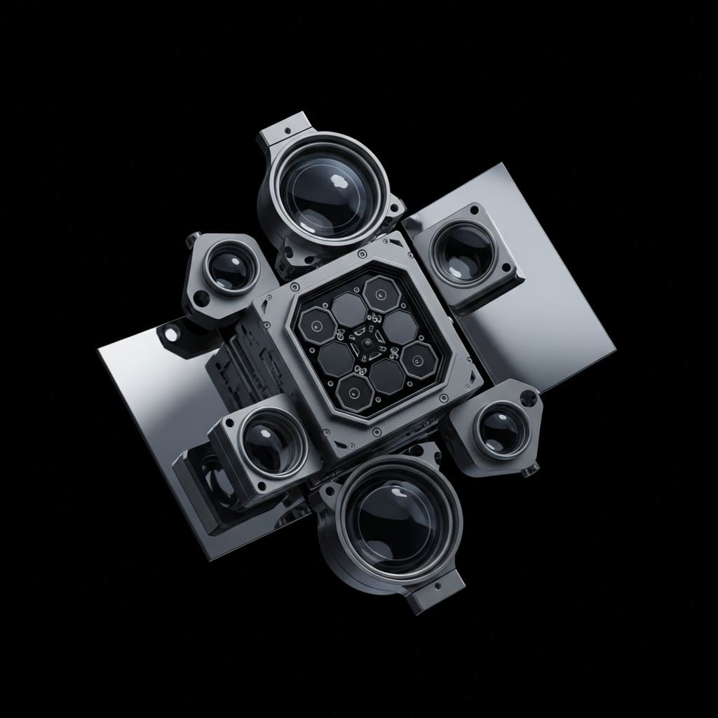 Photorealistic spacecraft star tracker camera mounted on satellite body, Earth visible in background space, realistic optics housing, clean engineering detail, no glow, no text