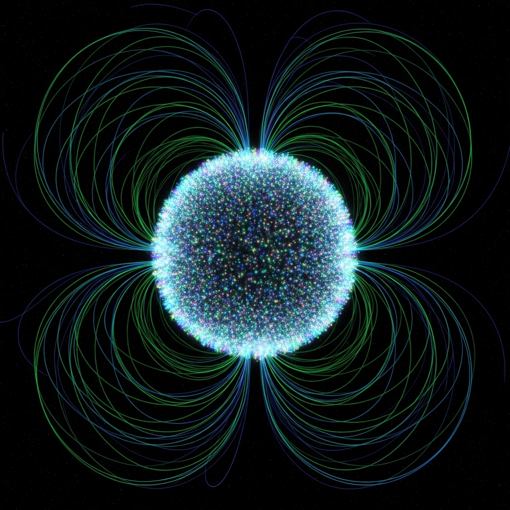 Glowing blue sphere surrounded by symmetrical green magnetic field loops forming a four-lobed pattern against a black background.