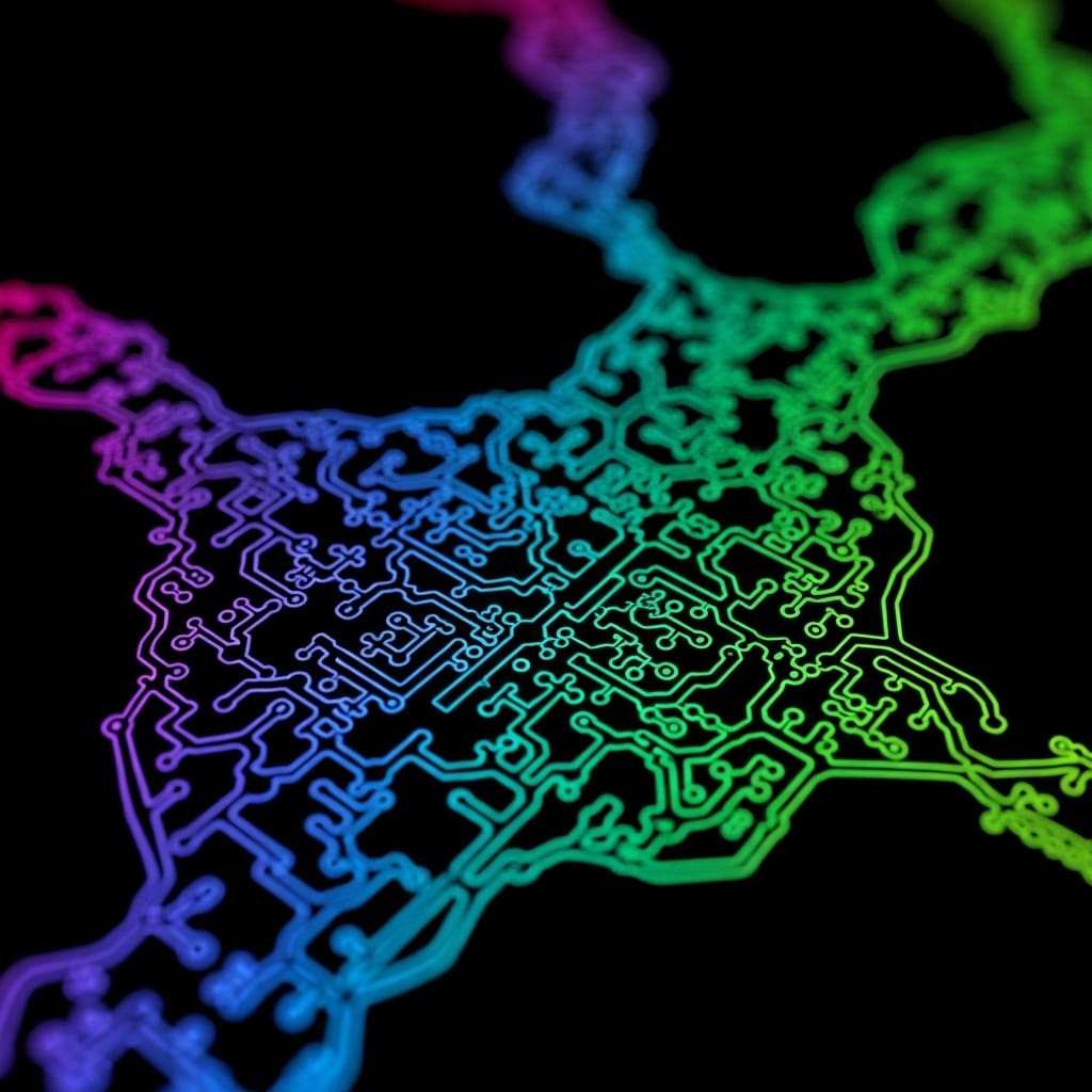 Colorful gradient molecular network with interconnected nodes and irregular lattice patterns, transitioning from blue to green to purple on a black background.