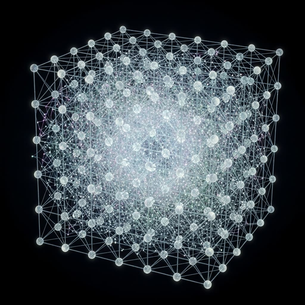 Abstract illustration of a perfect three-dimensional cube lattice formed by evenly spaced luminous white nodes or dots arranged in a grid pattern, creating a structured volumetric array against a dark background
