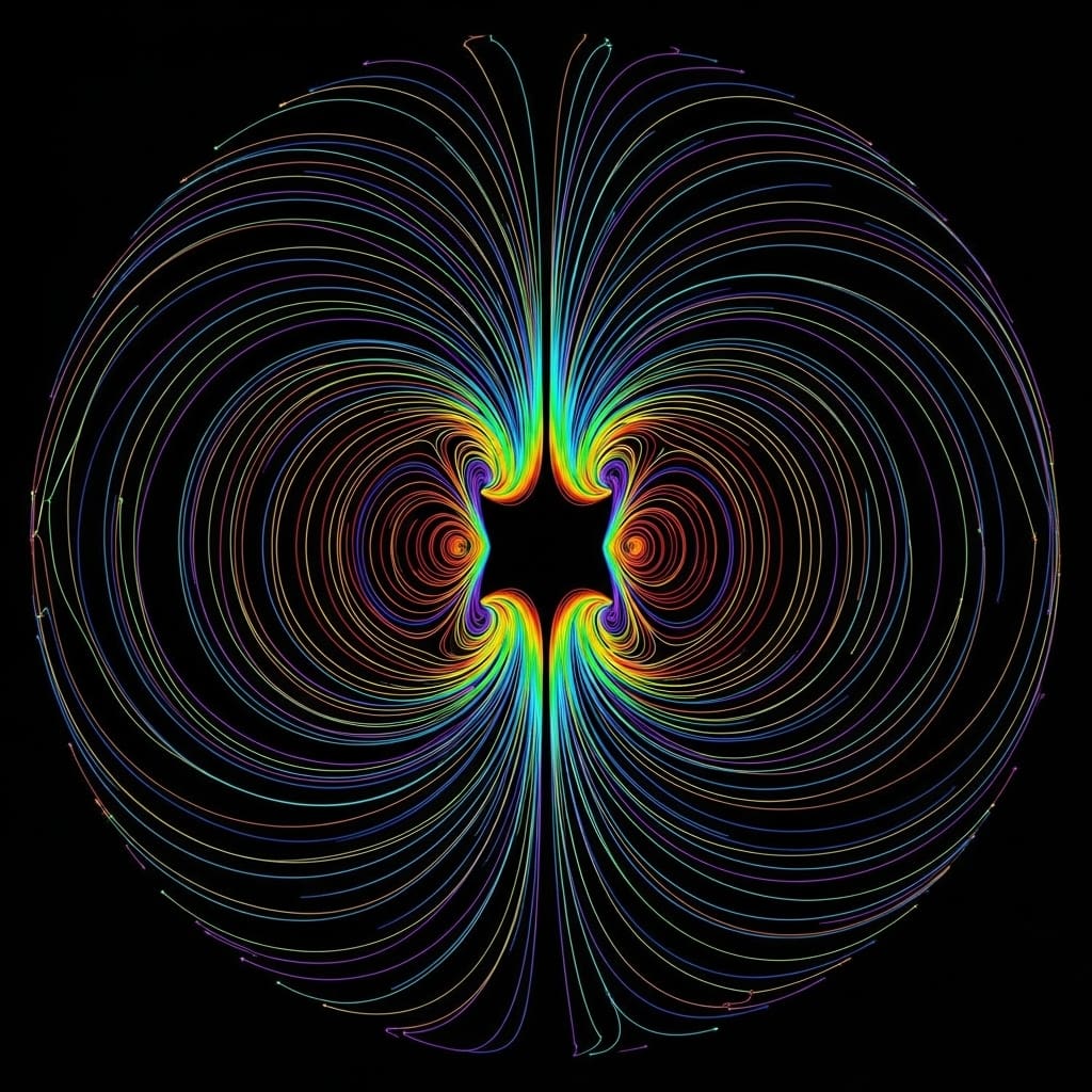 Colorful magnetic field lines forming a symmetrical pattern around two central poles, creating a butterfly-like shape on a dark background