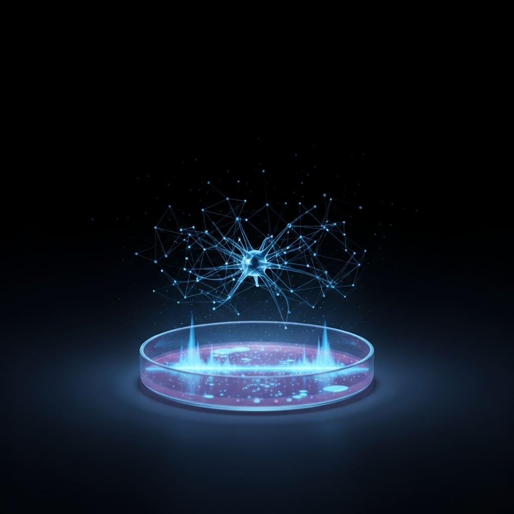 Glowing blue quantum network with interconnected nodes hovering above a luminous petri dish, symbolizing entanglement, superposition, and advanced nanotechnology research.