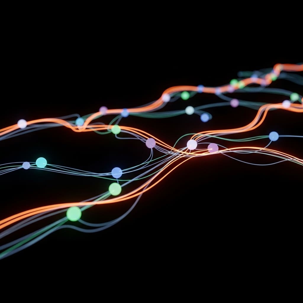 Abstract illustration of multiple curved light streaks in red, orange, green, and blue flowing and intersecting across a dark background, with small bright nodes or connection points dotted along each trail