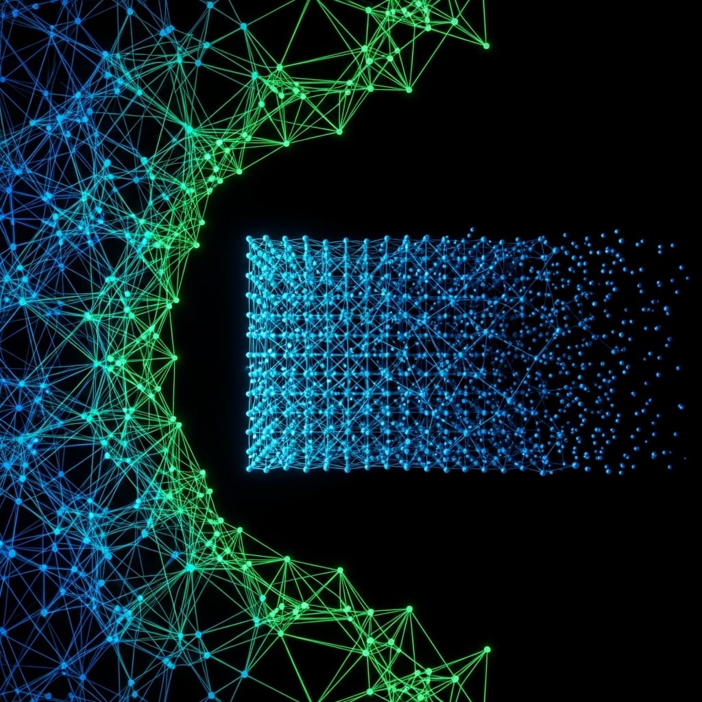 Digital network of interconnected nodes forming a curved structure transforming into a rectangular lattice, symbolizing data processing and quantum information transfer.