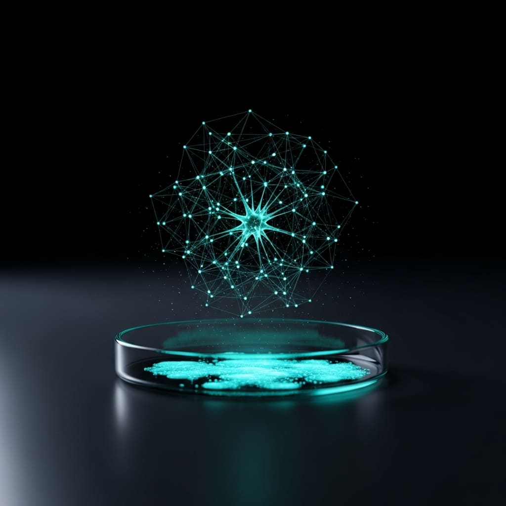 Glowing holographic network of interconnected nodes forming a spherical quantum lattice above a petri dish, symbolizing advanced quantum computing and nanotechnology