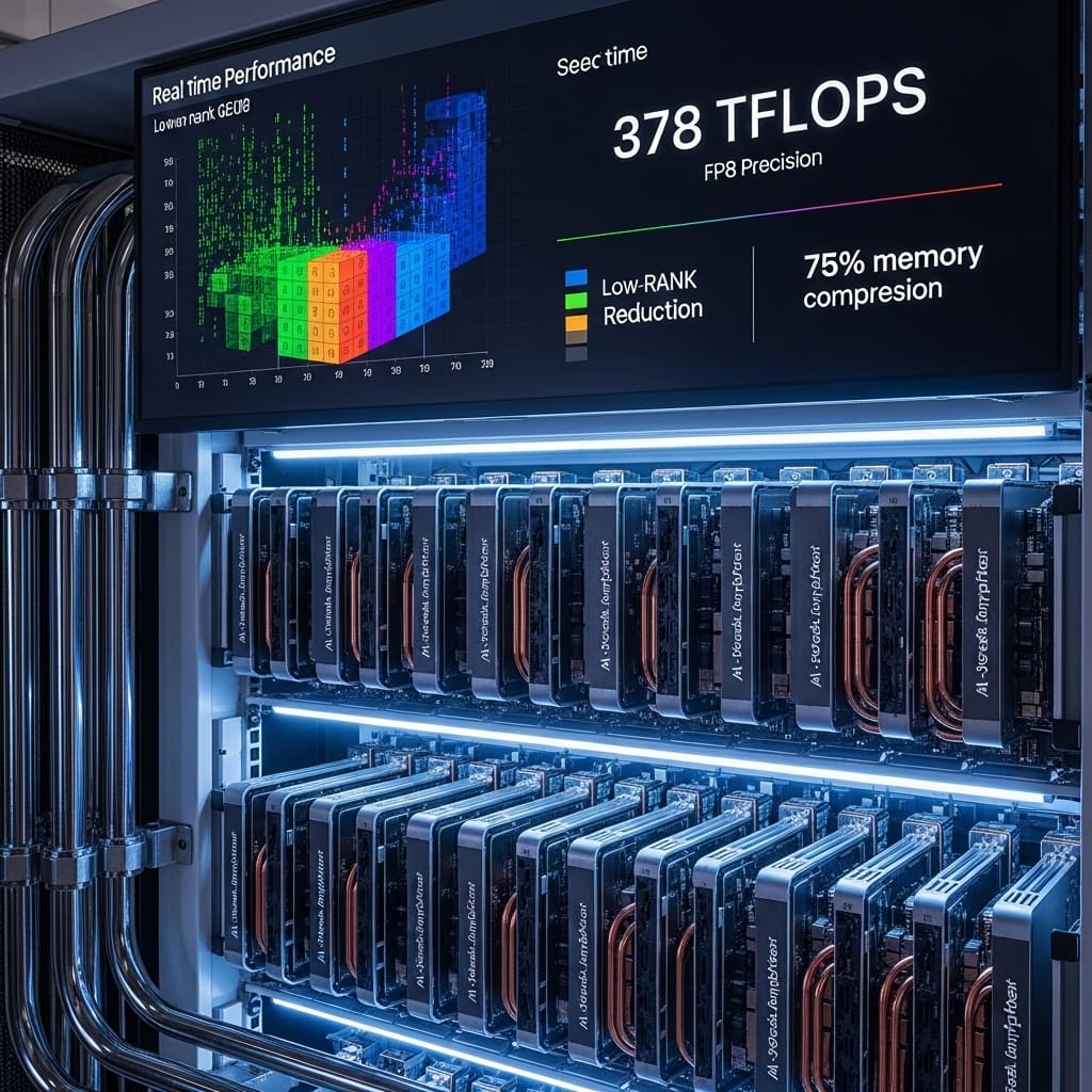 Low-rank GEMM Achieves 378 TFLOPS with FP8 Acceleration, Delivering 75% Memory Savings for Large Matrices