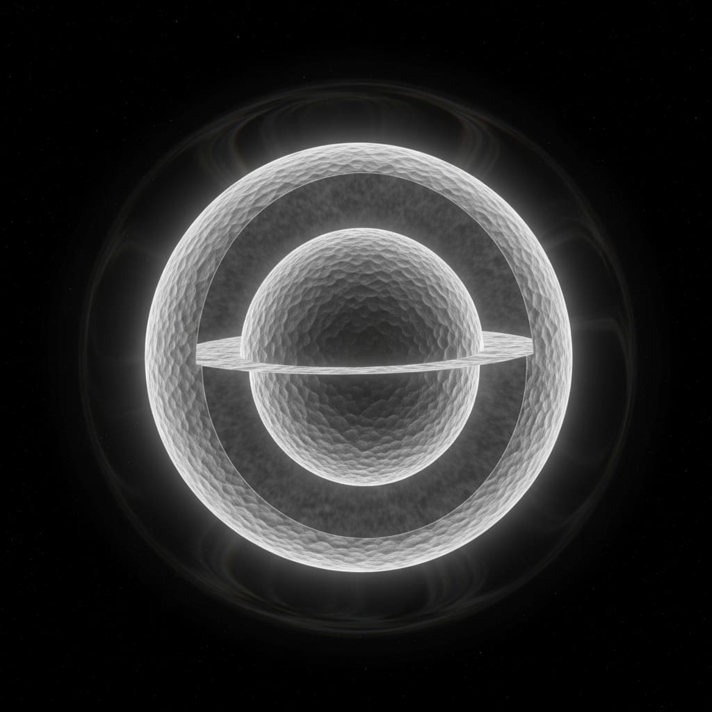 Abstract illustration of a luminous white ringed sphere or planetary symbol — featuring an outer circle, a horizontal equatorial band, and an inner circle — glowing softly against a dark background