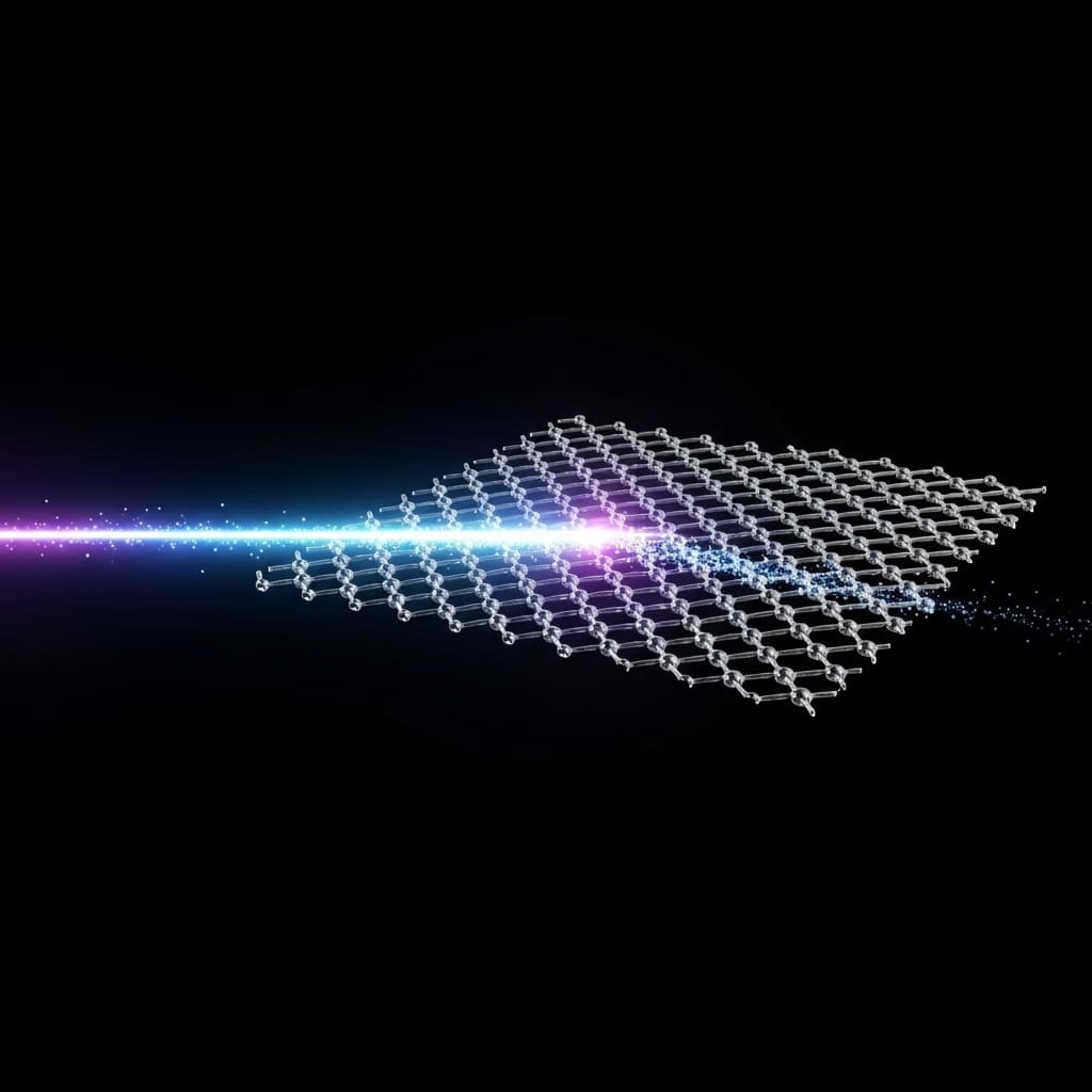 Abstract illustration of a spectrum of colored light — transitioning from violet and blue to green, yellow, and red — reflecting or refracting off a dark angled plane against a black background, suggesting a prism or diffraction effect