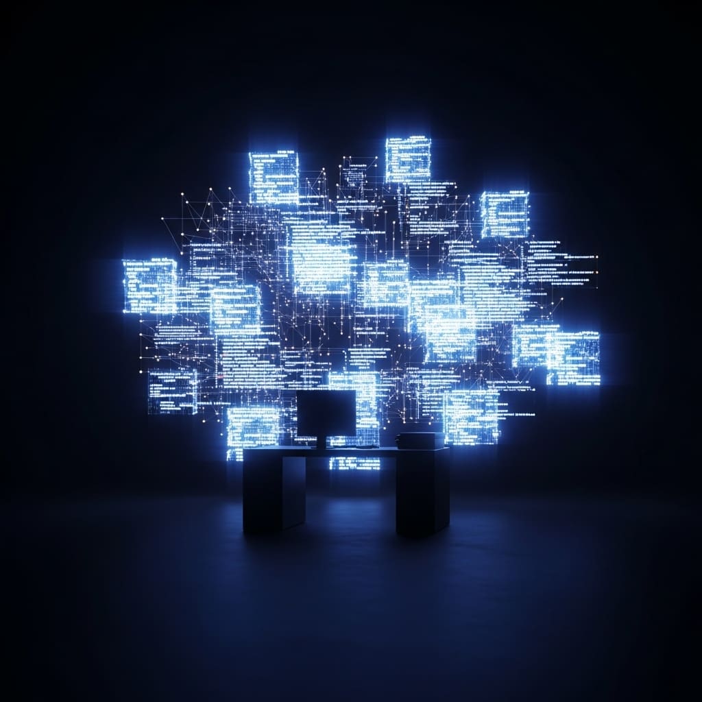 Abstract illustration of multiple small luminous white cube shapes arranged in a loose rectangular grid pattern, each glowing with soft light against a dark background