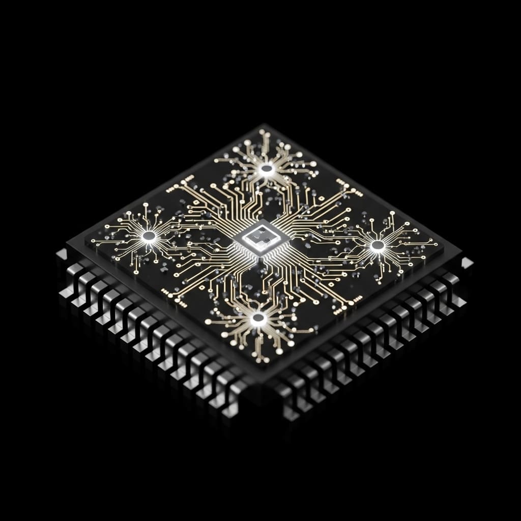 Close-up illustration of a square electronic microchip or CPU with ornate golden circuit traces, glowing connection points, and pin arrays along all four edges against a dark background