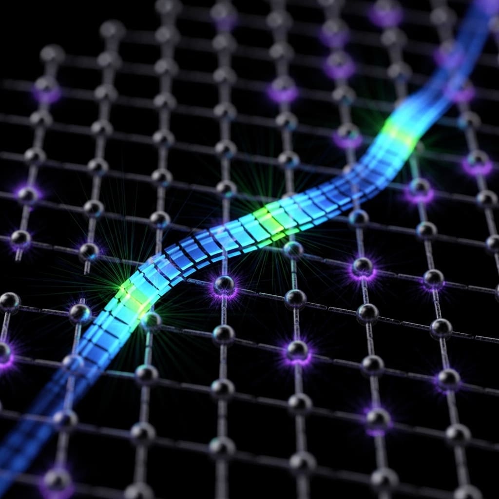 Abstract illustration of a curved tube or cable with a multicolored holographic surface in blue, green, and purple tones, crossing over a luminous blue grid or mesh pattern against a dark background