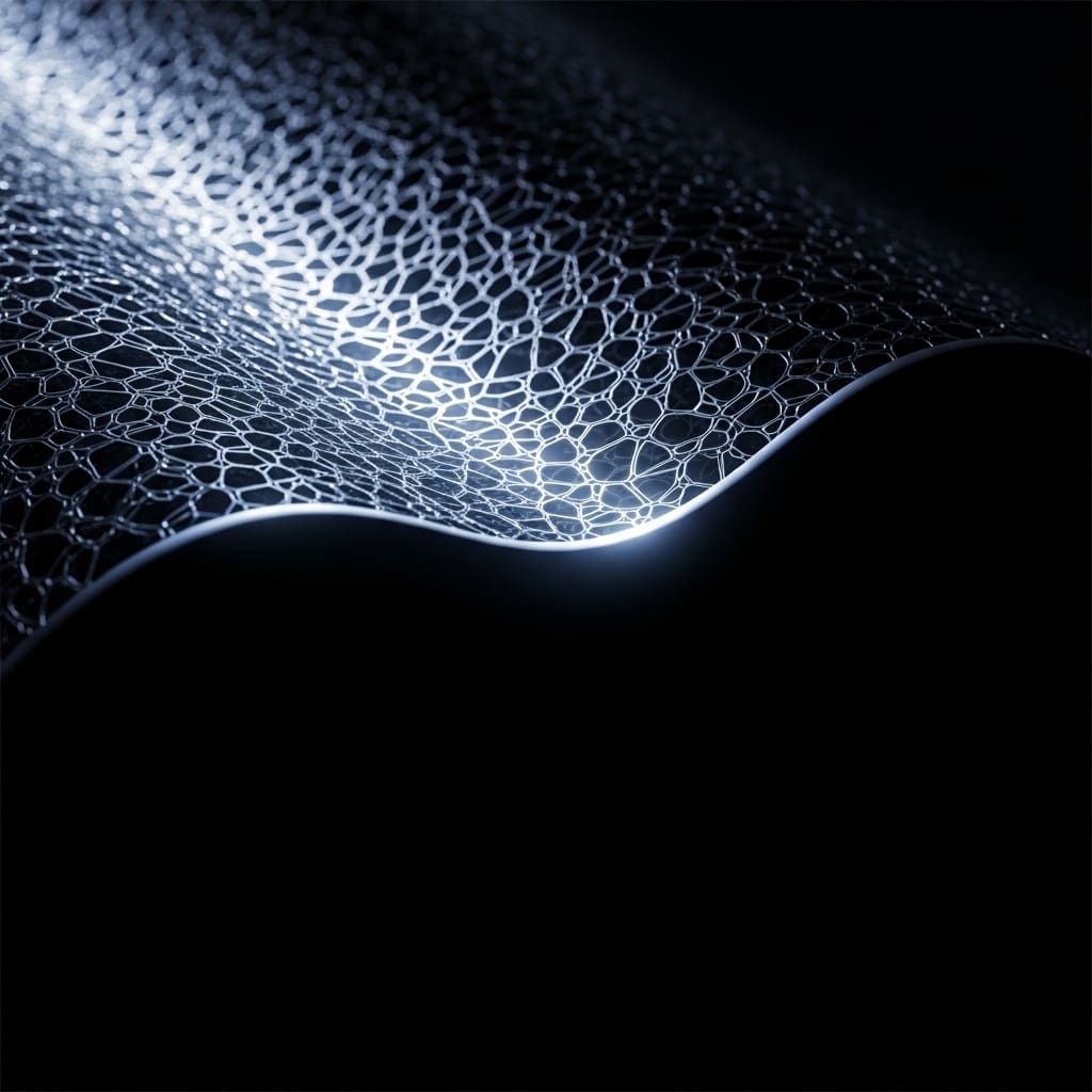 Abstract illustration of a shimmering wave or dune shape formed by thousands of tiny white light particles or stars, with a bright ridge line fading into a dark background