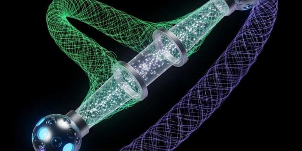 Abstract illustration of a short segment of a DNA double helix with a green central strand and purple outer coiling bands, featuring visible base pair rungs and a luminous glow against a dark background