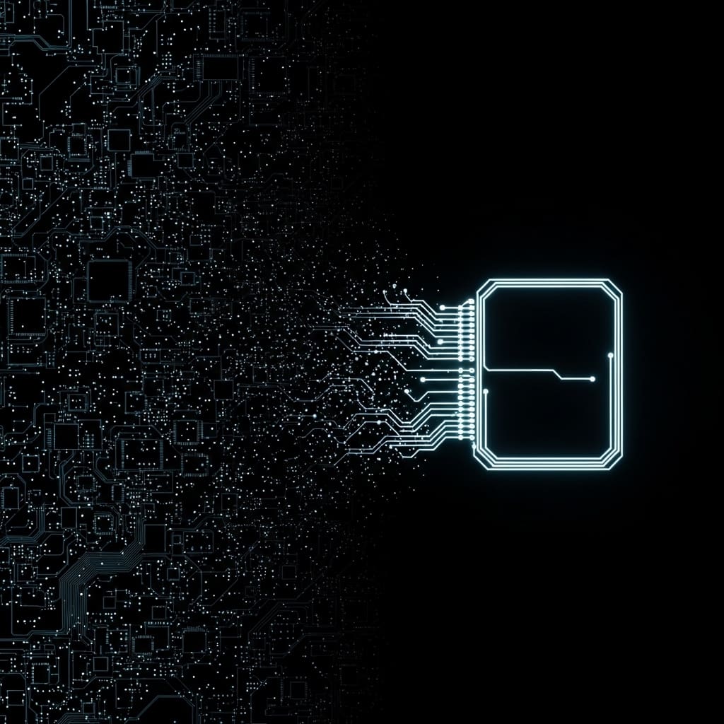 Abstract illustration of a wireframe cube or box outlined in blue light, with particles streaming and dispersing from its right side against a dark background, suggesting motion or disintegration