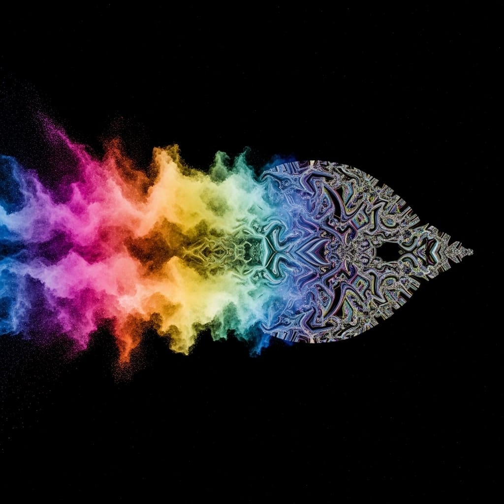 Vibrant burst of colorful powder or paint in a full rainbow spectrum — red, orange, yellow, green, blue, and violet — arranged in the silhouette of a bird in flight or a feather against a black background