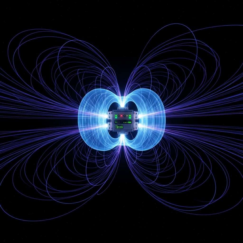 Magnetic field lines tightly focused and measured by compact control system, stabilized signal glow