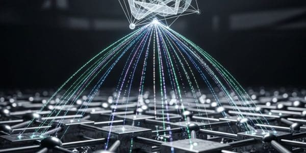 Quantum entanglement threads connecting material lattice to abstract geometric theoretical structure above it