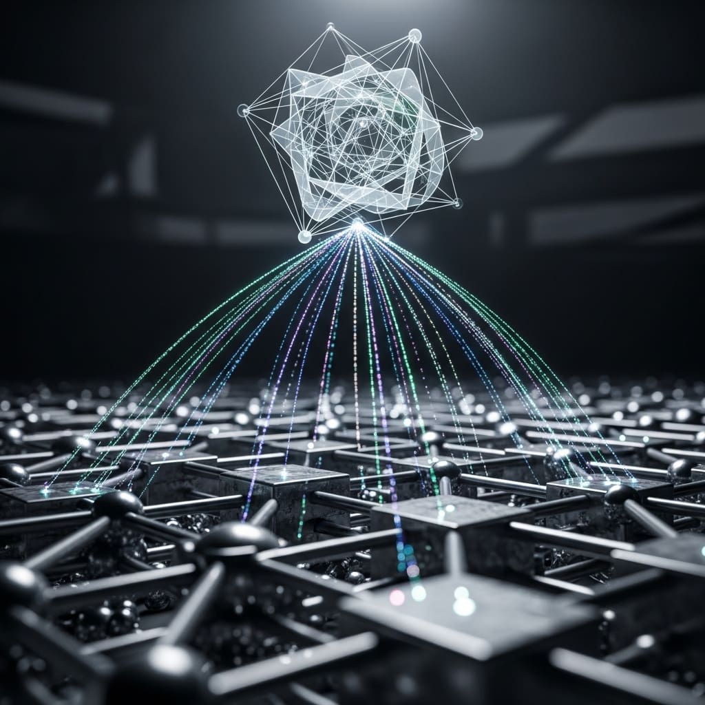 Quantum entanglement threads connecting material lattice to abstract geometric theoretical structure above it