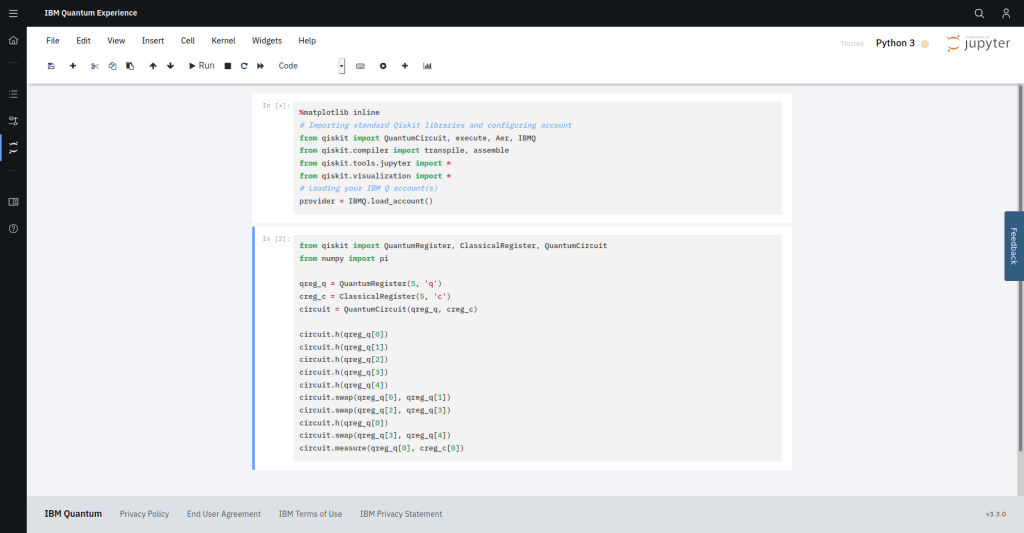 Using the Qiskit framework and language within the IBM Q experience. Jupyter notebooks are integrated which allow a seamless transition between pictorially represented gates and Qiskit code.