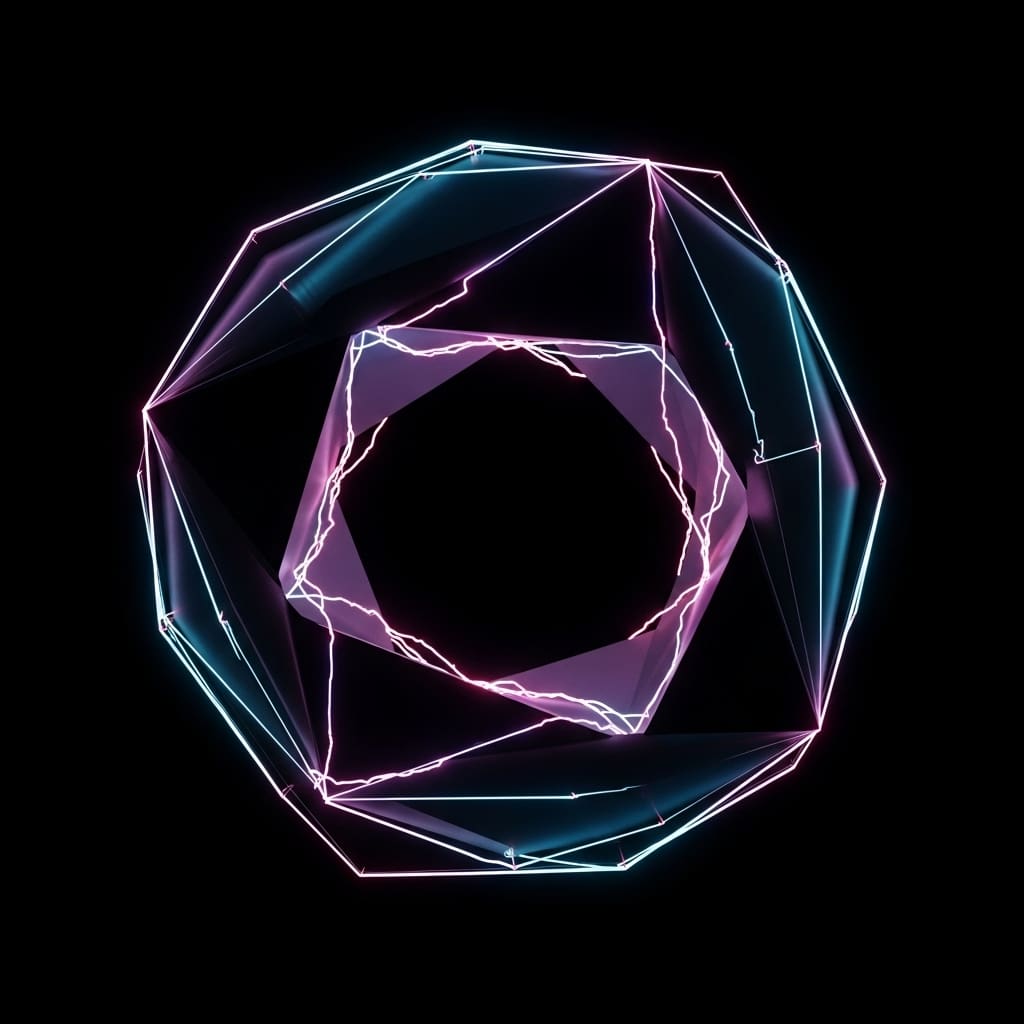 Twisted geometric surface with bright electrical current flowing smoothly along its edges despite irregularities, topological loop structure glowing steadily