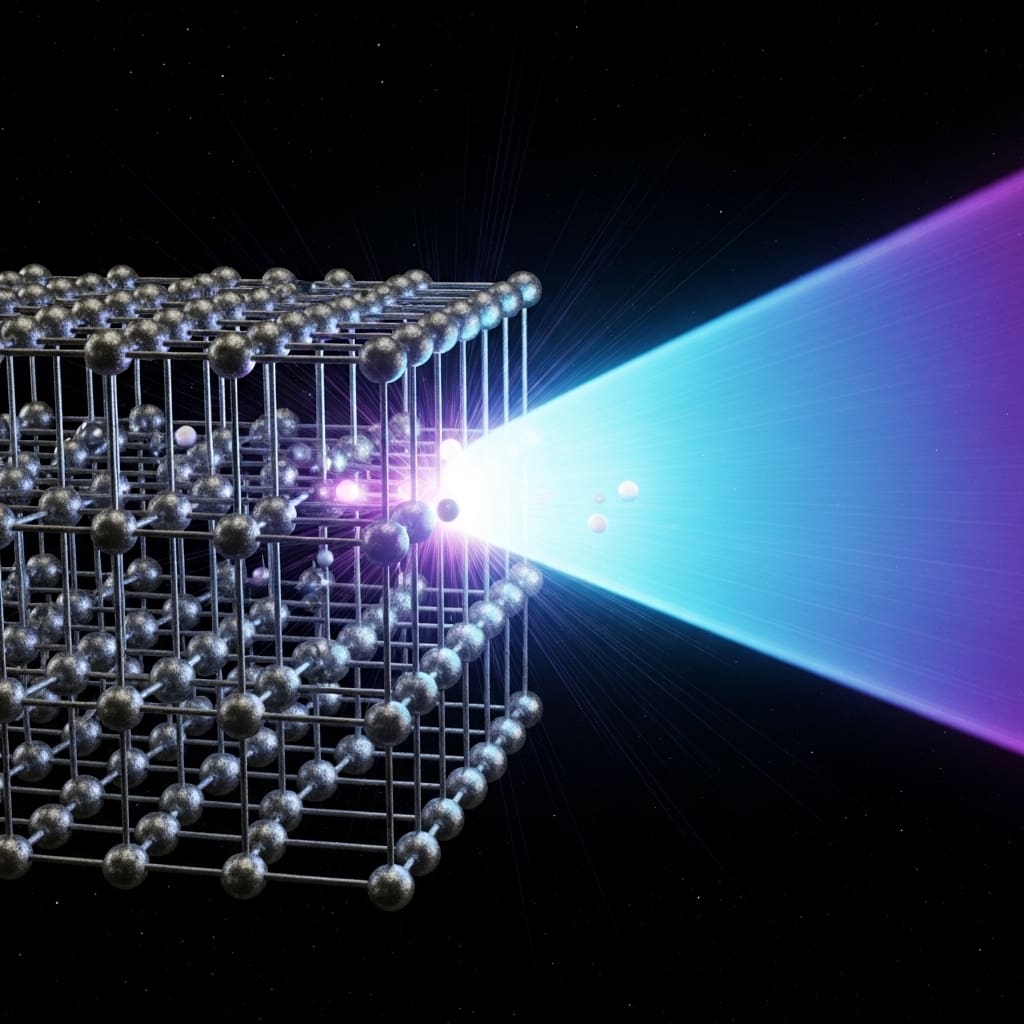 Ultrafast laser pulse interacting with atomic lattice, atoms slightly displaced in femtosecond motion blur