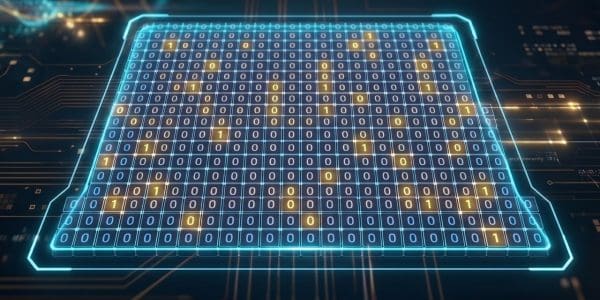 A glowing lattice of binary cells above a circuit board