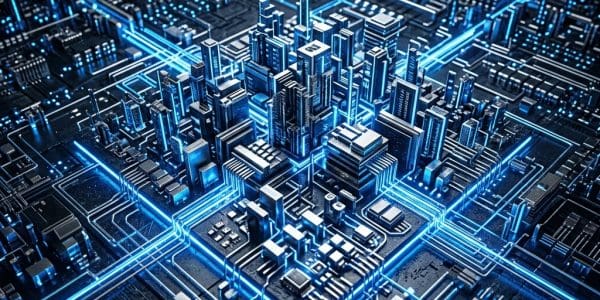 Nanoelectronics circuitry projected over a glowing futuristic city