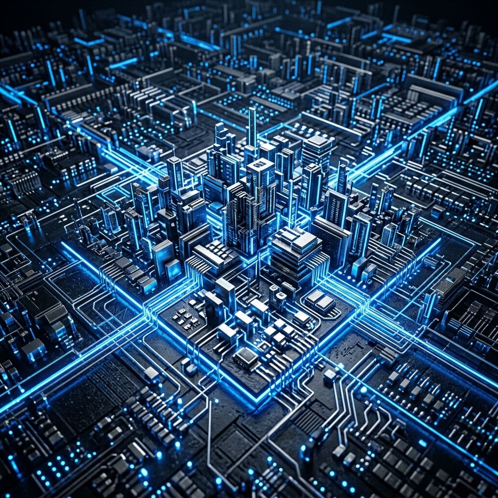 Nanoelectronics circuitry projected over a glowing futuristic city