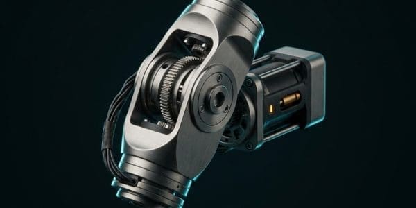 A detailed metallic robotic joint or gimbal with exposed gears, bearings and cabling, floating against a dark teal background.