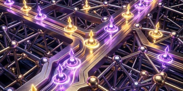 Spintronic circuit with arrows showing electron spin alignment