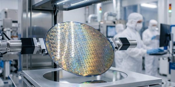 A silicon wafer under inspection