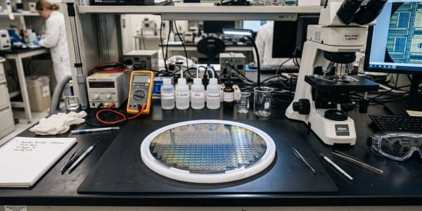 A silicon wafer on a laboratory bench