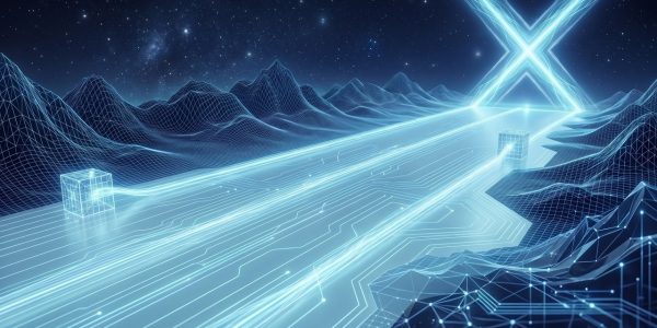 A beam of light running across a wireframe landscape