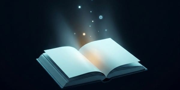 Open book glowing with rising particles of light