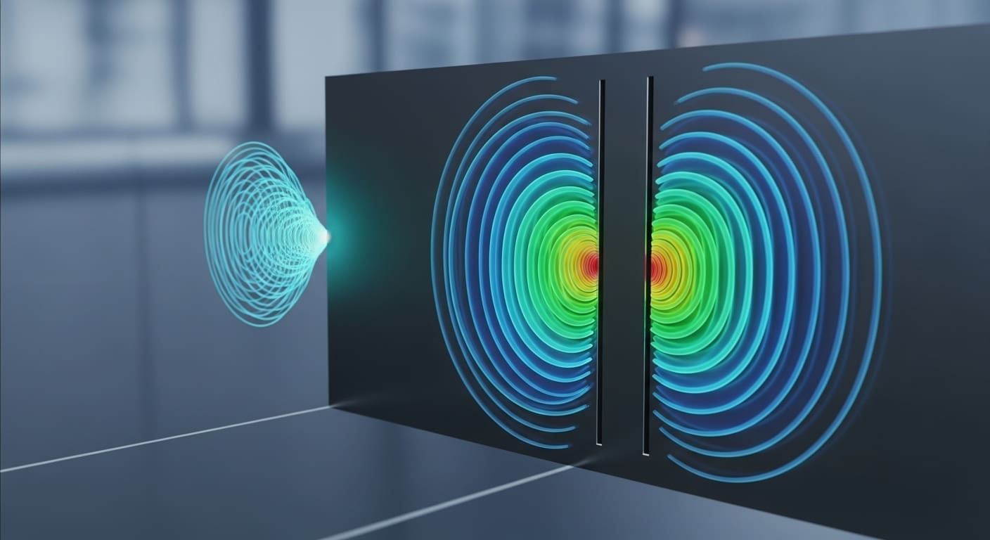 A glowing particle passes through two slits producing colored interference rings