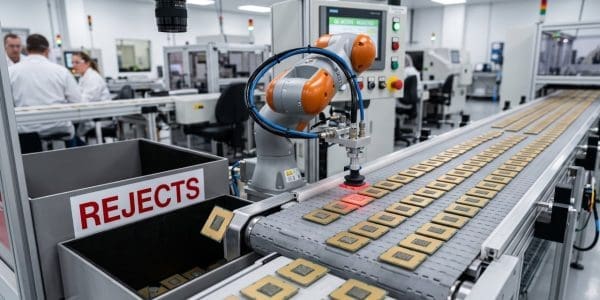 Chips on a production line beside a rejects bin